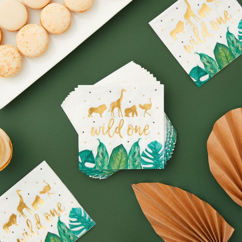 Sparkle and Bash 50 Pack Wild One Napkins for Jungle Safari First Birthday Party Supplies, Animal Print Napkins for Boys or Girls Party, Green Leaves with Gold Foil Accents (5 x 5 In) - Image 2